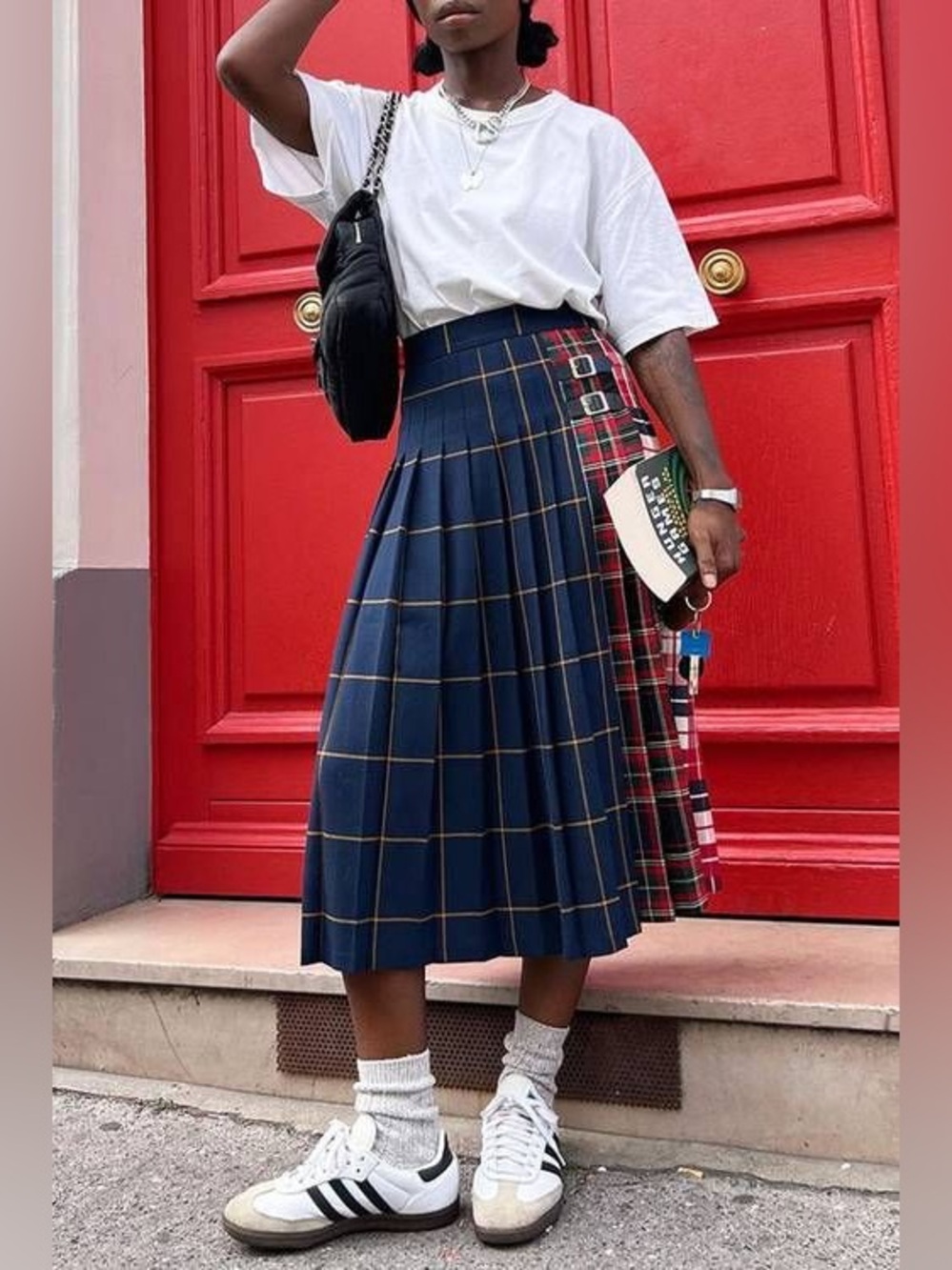 Zara Navy Plaid Midi Skirt with Red Tartan Panel Womens Sz M